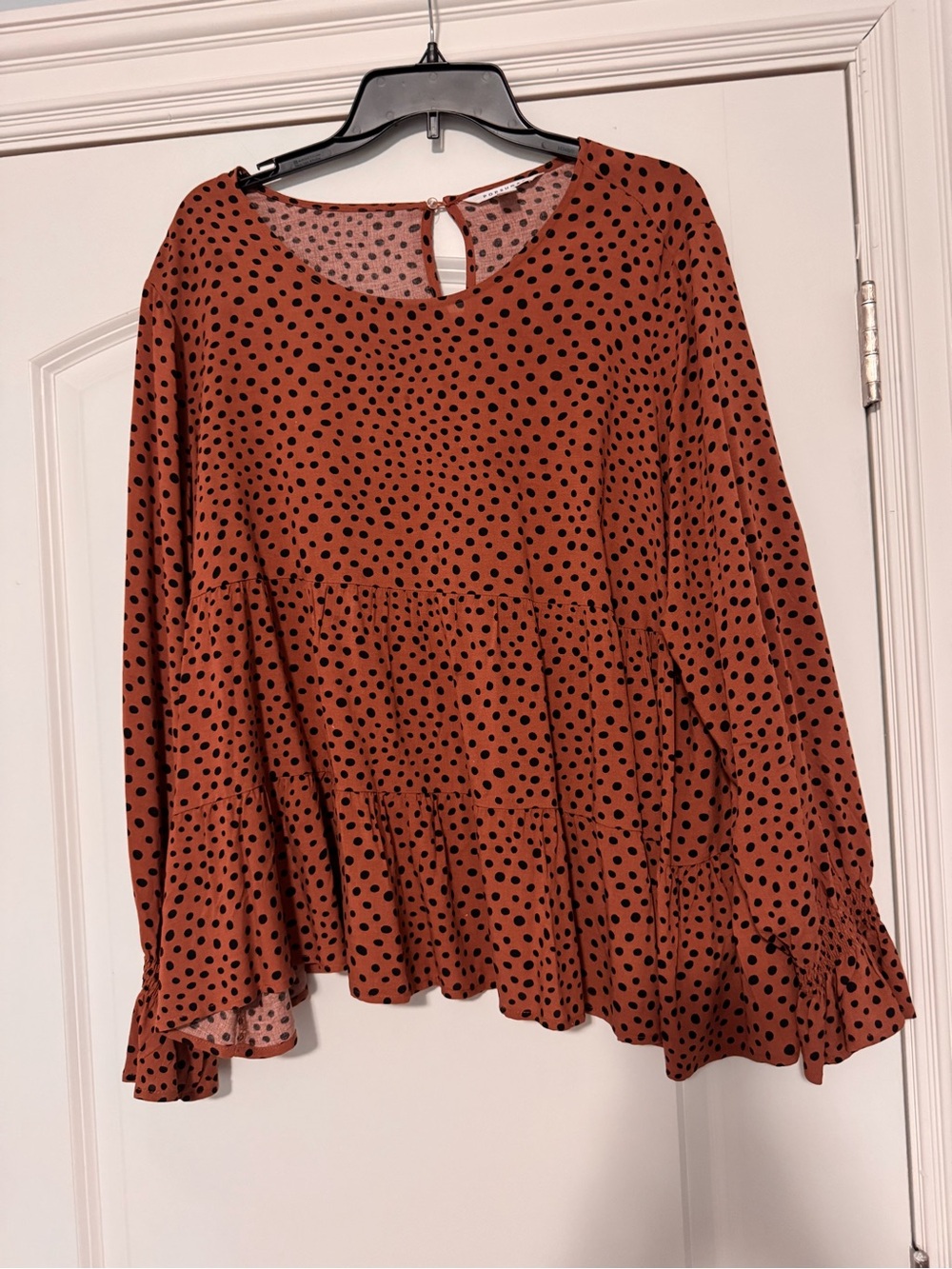 Womens Brown/rust Polka Dot Long Sleeve Peplum Top - size XXL